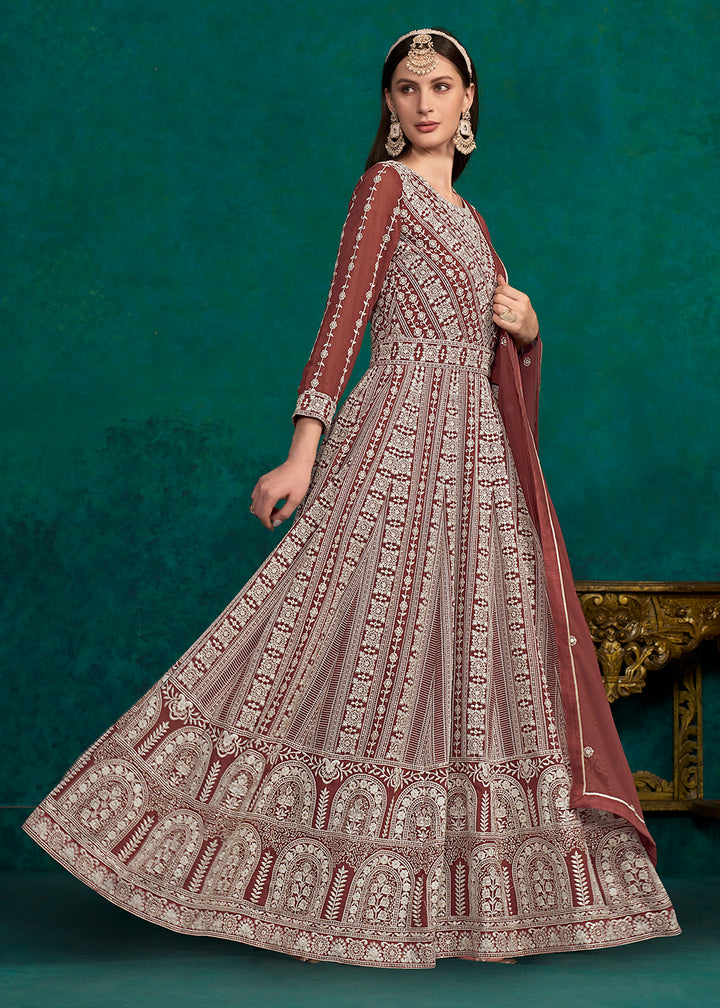 Buy Now Rust Lucknowi Embroidered Wedding Anarkali Suit Online in USA, UK, Australia, New Zealand, Canada & Worldwide at Empress Clothing.