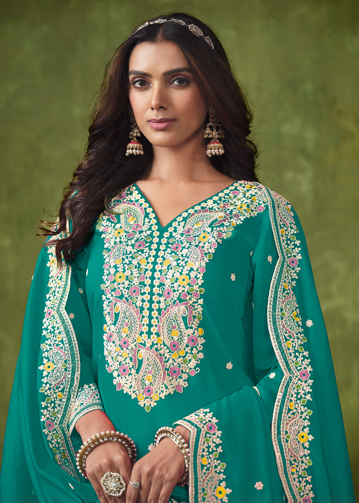 Buy Now Patiala Style Turquoise Chanderi Silk Punjabi Salwar Suit Online in USA, UK, Canada, Germany, Australia & Worldwide at Empress Clothing.