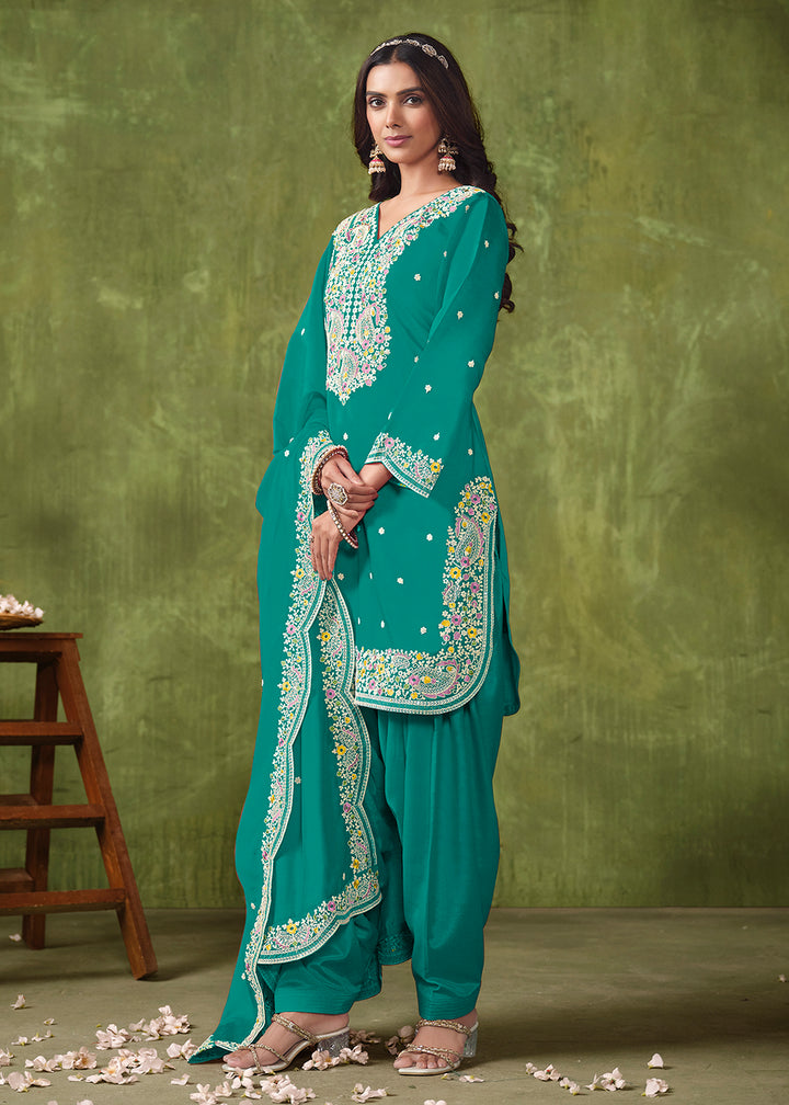 Buy Now Patiala Style Turquoise Chanderi Silk Punjabi Salwar Suit Online in USA, UK, Canada, Germany, Australia & Worldwide at Empress Clothing.