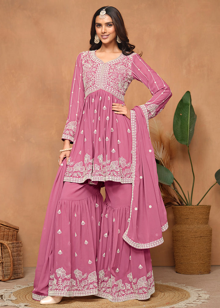 Shop Now Festive Style Flamingo Pink Embroidered Gharara Suit Online at Empress Clothing in USA, UK, Canada, Italy & Worldwide. 