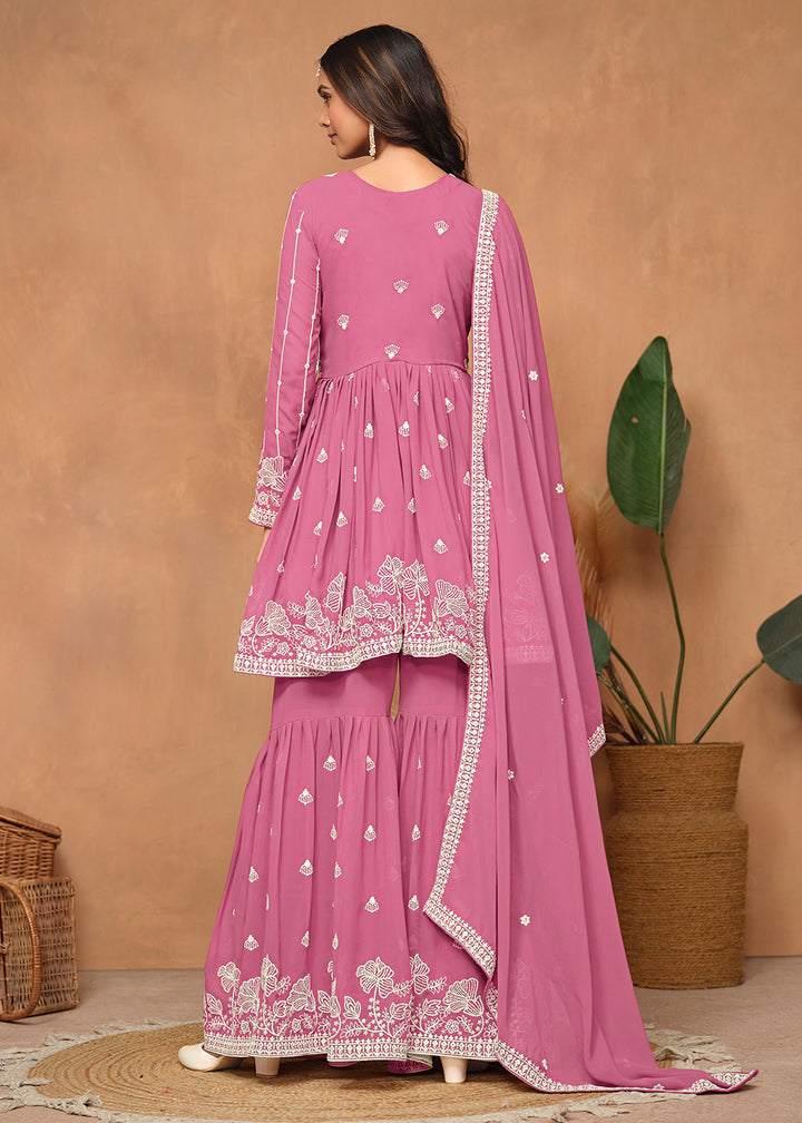 Shop Now Festive Style Flamingo Pink Embroidered Gharara Suit Online at Empress Clothing in USA, UK, Canada, Italy & Worldwide. 