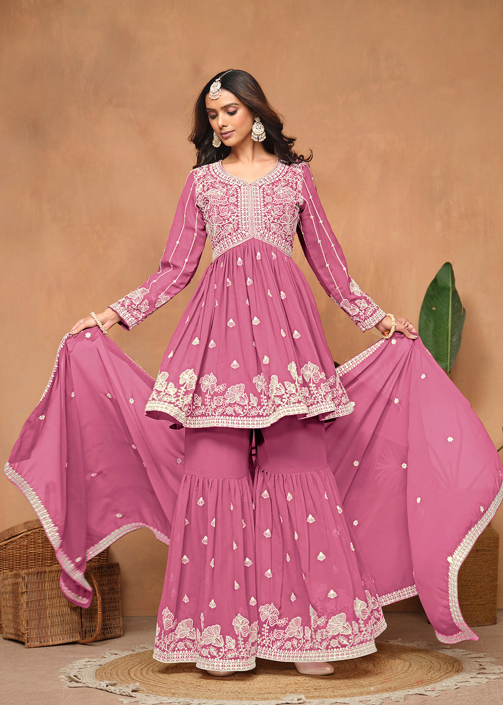 Shop Now Festive Style Flamingo Pink Embroidered Gharara Suit Online at Empress Clothing in USA, UK, Canada, Italy & Worldwide. 