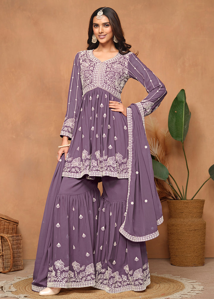 Shop Now Festive Style Dusty Purple Embroidered Gharara Suit Online at Empress Clothing in USA, UK, Canada, Italy & Worldwide.