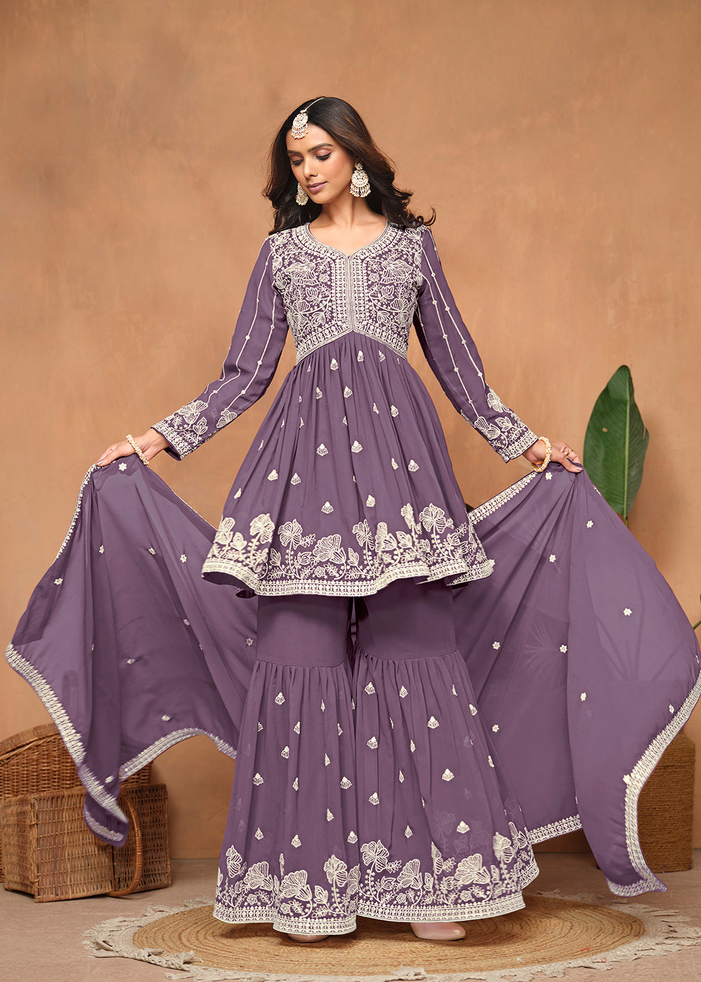 Shop Now Festive Style Dusty Purple Embroidered Gharara Suit Online at Empress Clothing in USA, UK, Canada, Italy & Worldwide.