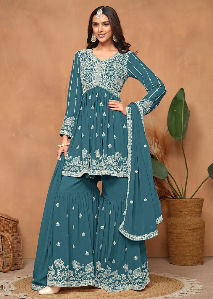 Shop Now Festive Style Teal Blue Embroidered Gharara Suit Online at Empress Clothing in USA, UK, Canada, Italy & Worldwide.