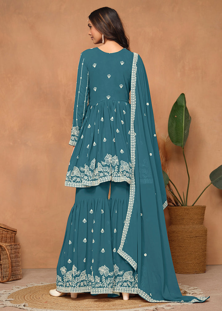 Shop Now Festive Style Teal Blue Embroidered Gharara Suit Online at Empress Clothing in USA, UK, Canada, Italy & Worldwide.