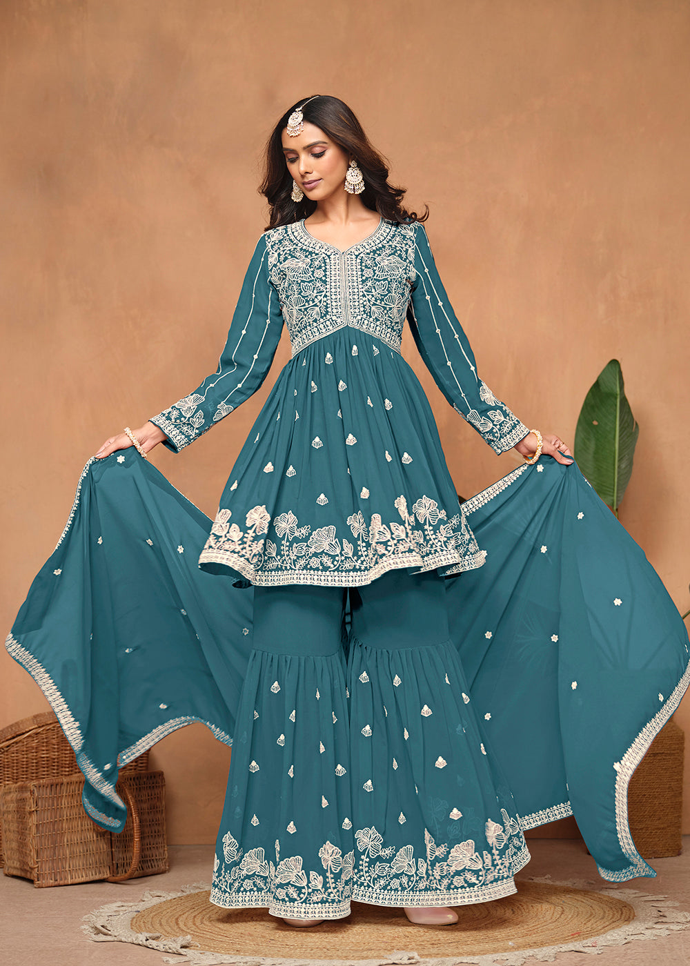 Shop Now Festive Style Teal Blue Embroidered Gharara Suit Online at Empress Clothing in USA, UK, Canada, Italy & Worldwide.