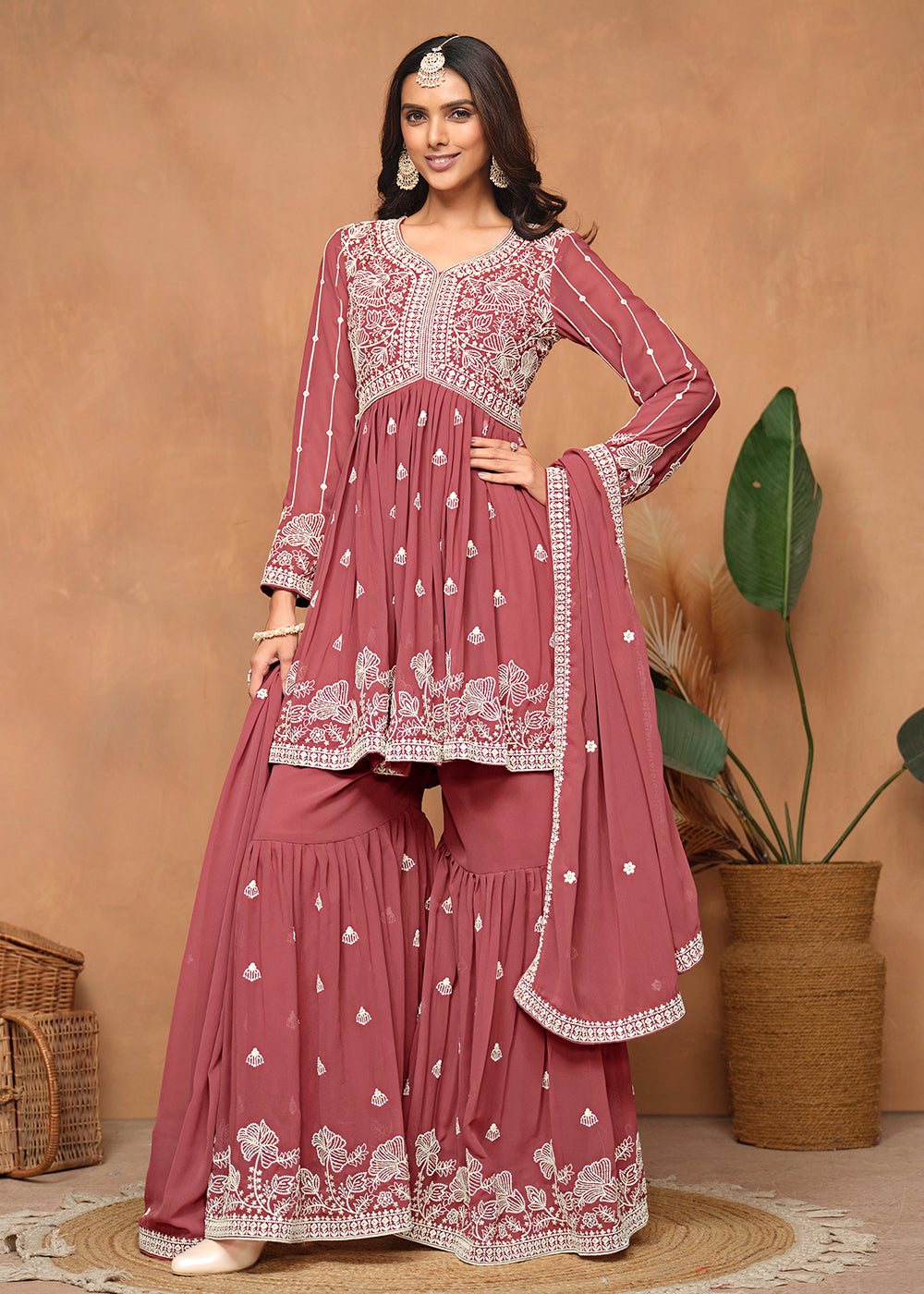 Shop Now Festive Style Salmon Pink Embroidered Gharara Suit Online at Empress Clothing in USA, UK, Canada, Italy & Worldwide.