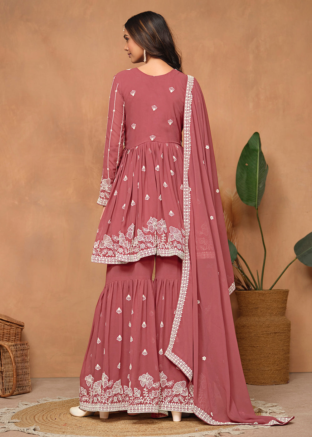 Shop Now Festive Style Salmon Pink Embroidered Gharara Suit Online at Empress Clothing in USA, UK, Canada, Italy & Worldwide.