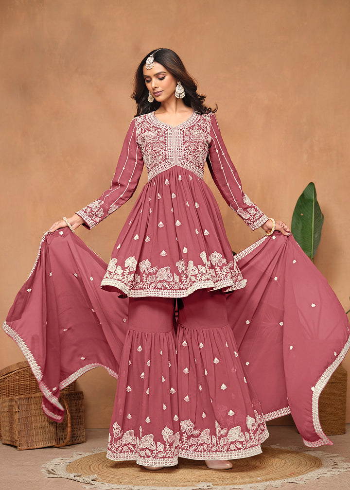 Shop Now Festive Style Salmon Pink Embroidered Gharara Suit Online at Empress Clothing in USA, UK, Canada, Italy & Worldwide.