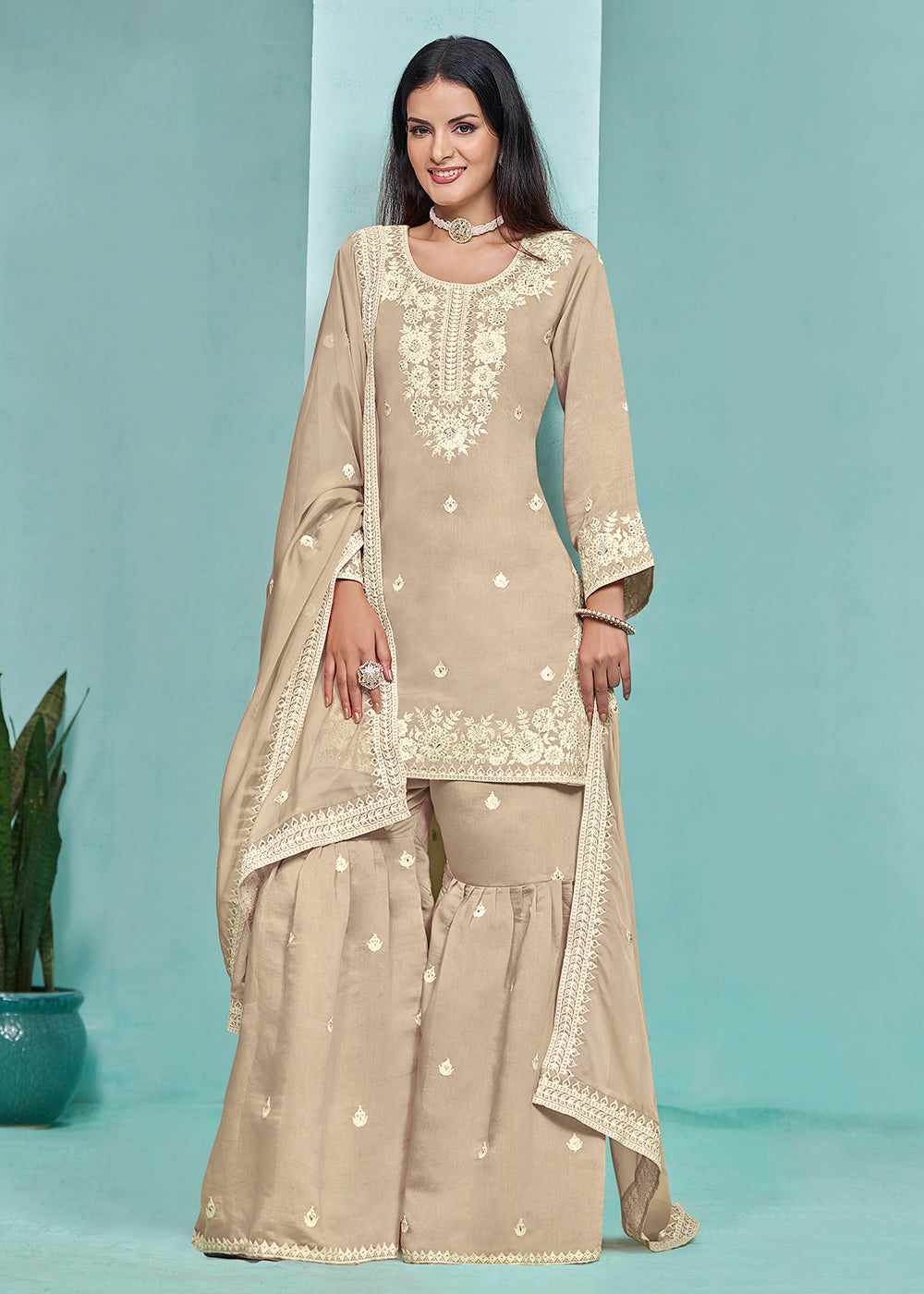 Shop Now Elegant Beige Designer Style Gharara Style Suit Online at Empress Clothing in USA, UK, Canada, Italy & Worldwide. 