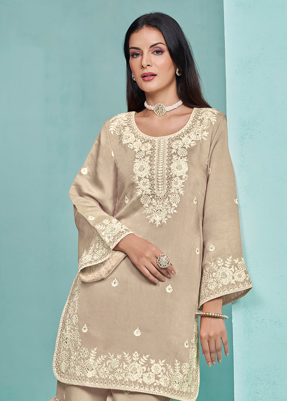 Shop Now Elegant Beige Designer Style Gharara Style Suit Online at Empress Clothing in USA, UK, Canada, Italy & Worldwide. 