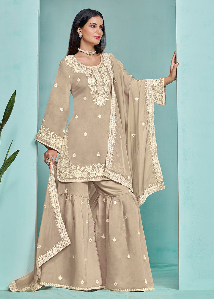 Shop Now Elegant Beige Designer Style Gharara Style Suit Online at Empress Clothing in USA, UK, Canada, Italy & Worldwide. 