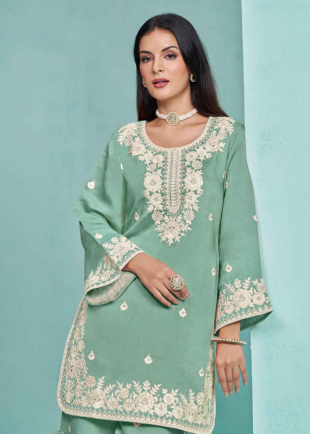 Shop Now Elegant Aqua  Designer Style Gharara Style Suit Online at Empress Clothing in USA, UK, Canada, Italy & Worldwide.