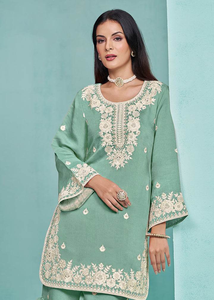 Shop Now Elegant Aqua  Designer Style Gharara Style Suit Online at Empress Clothing in USA, UK, Canada, Italy & Worldwide.