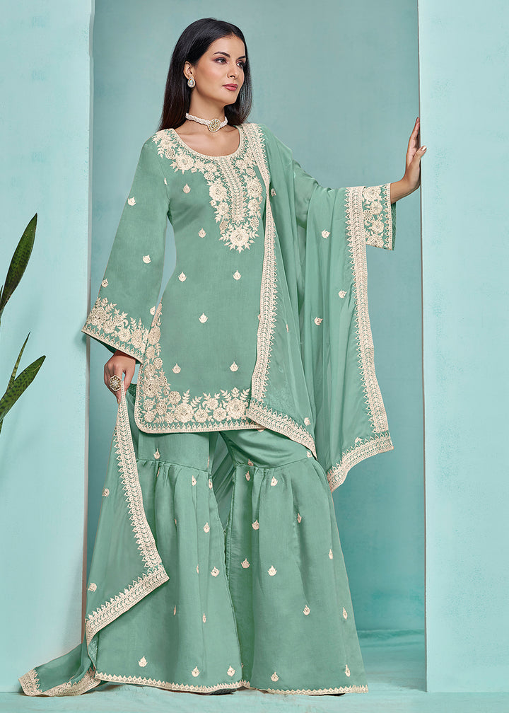 Shop Now Elegant Aqua  Designer Style Gharara Style Suit Online at Empress Clothing in USA, UK, Canada, Italy & Worldwide.