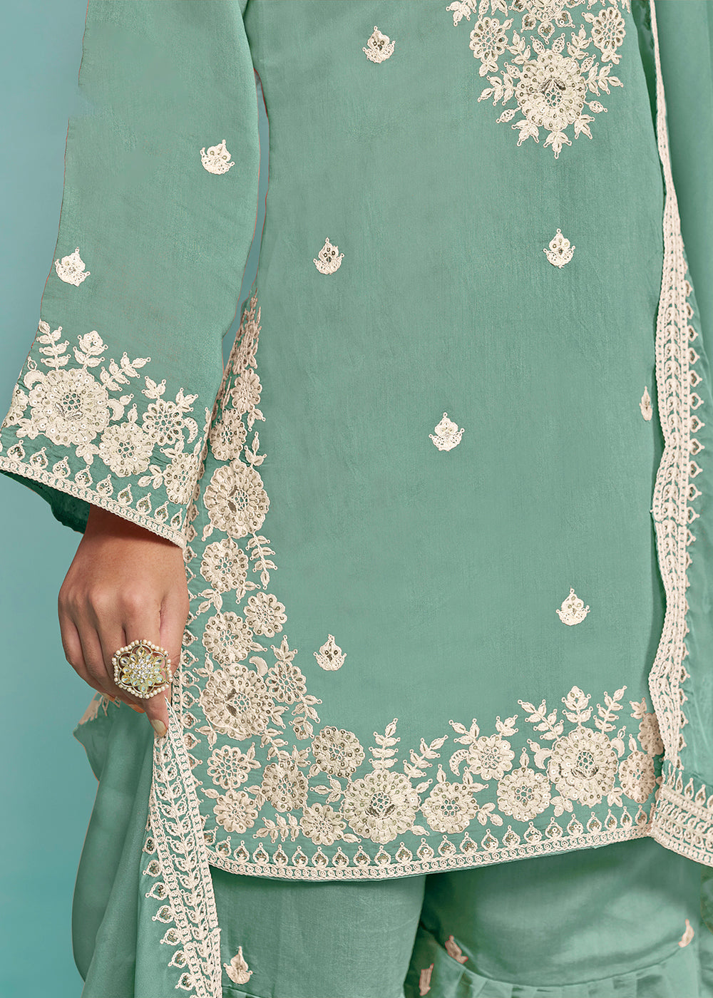 Shop Now Elegant Aqua  Designer Style Gharara Style Suit Online at Empress Clothing in USA, UK, Canada, Italy & Worldwide.