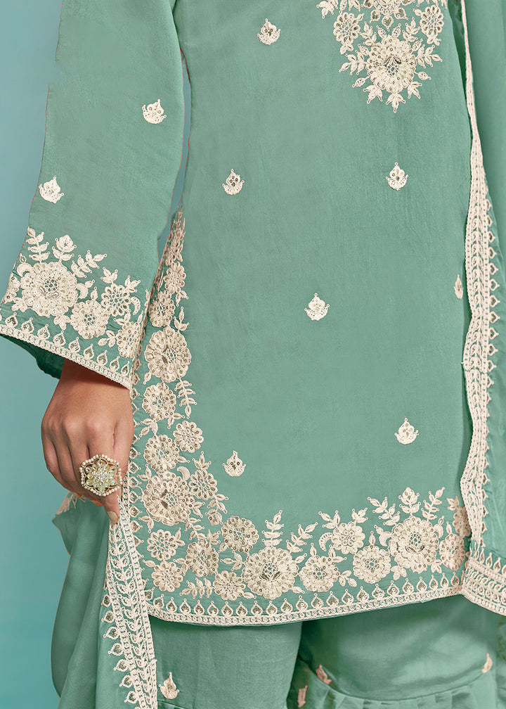 Shop Now Elegant Aqua  Designer Style Gharara Style Suit Online at Empress Clothing in USA, UK, Canada, Italy & Worldwide.