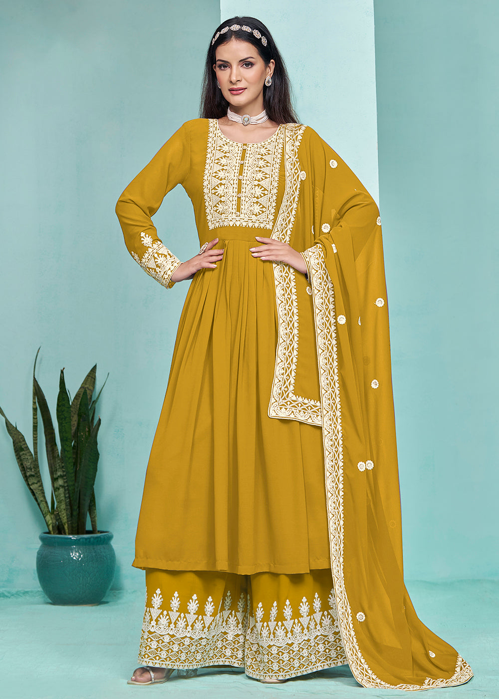 Buy Now Festive Mustard Faux Georgette Palazzo Style Suit Online in USA, UK, Canada, Germany, Australia & Worldwide at Empress Clothing