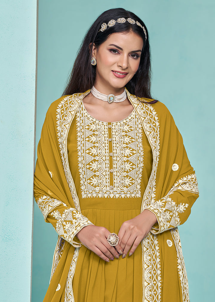 Buy Now Festive Mustard Faux Georgette Palazzo Style Suit Online in USA, UK, Canada, Germany, Australia & Worldwide at Empress Clothing