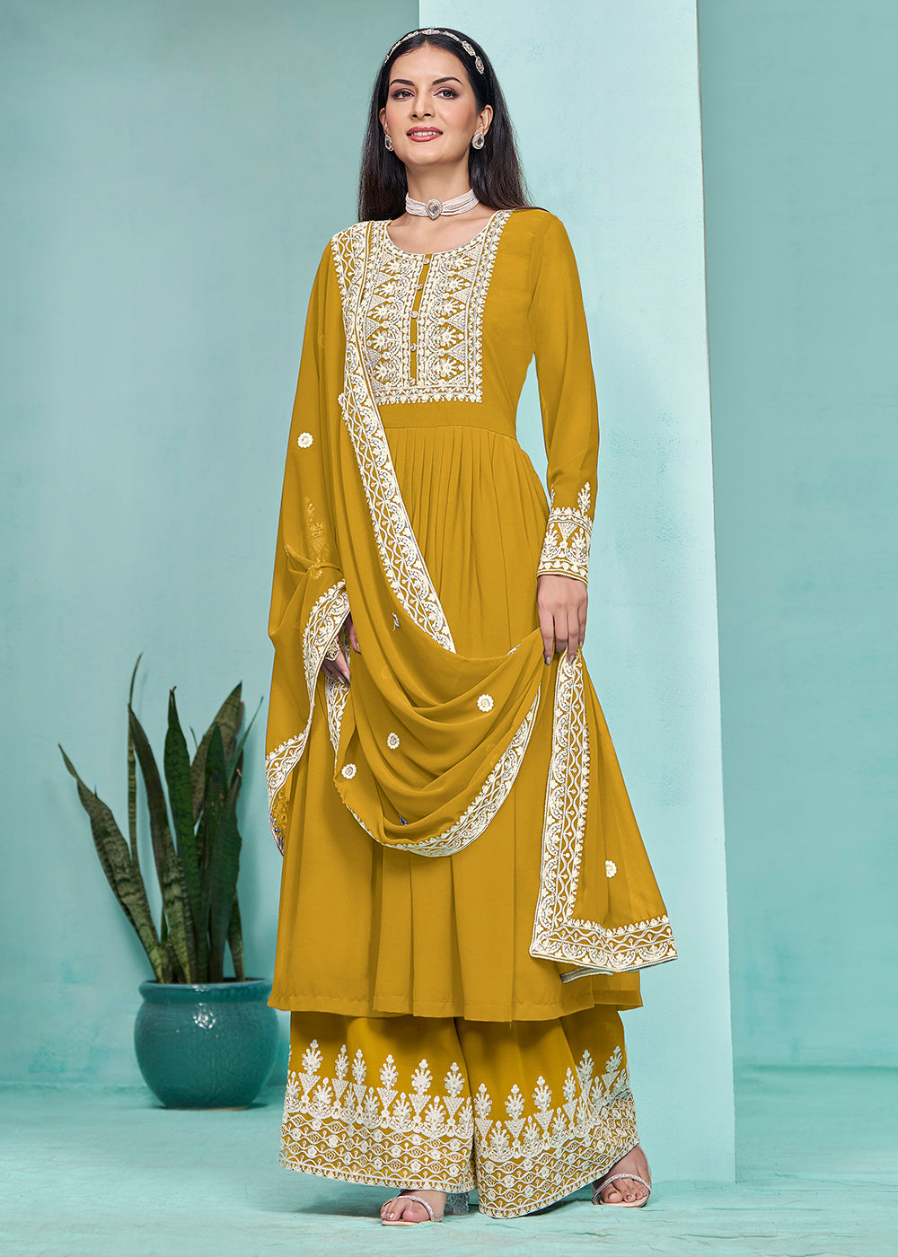 Buy Now Festive Mustard Faux Georgette Palazzo Style Suit Online in USA, UK, Canada, Germany, Australia & Worldwide at Empress Clothing