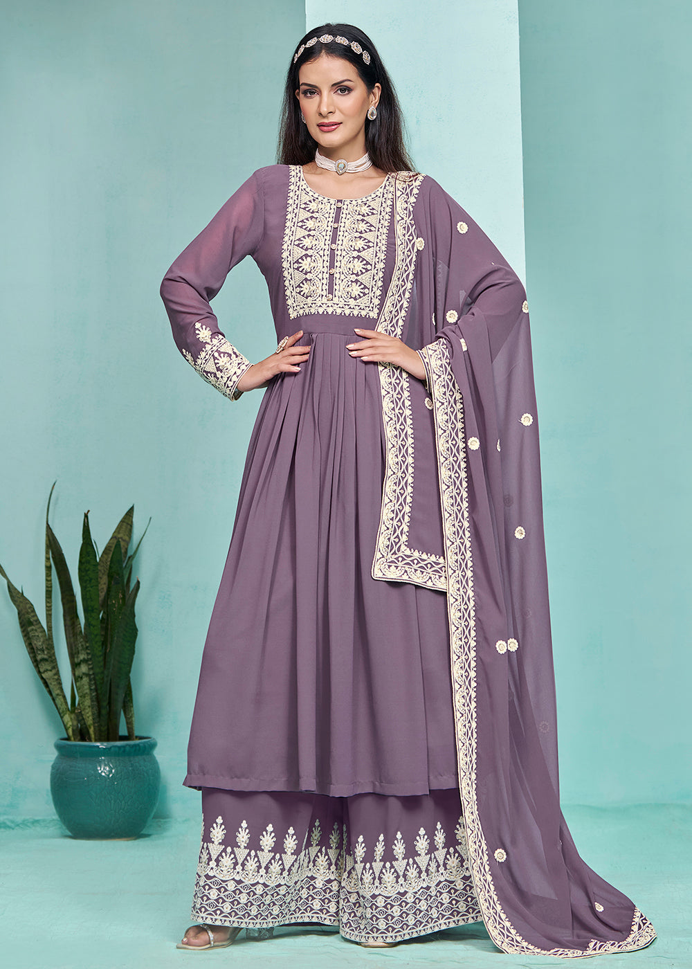 Buy Now Festive Purple Faux Georgette Palazzo Style Suit Online in USA, UK, Canada, Germany, Australia & Worldwide at Empress Clothing.