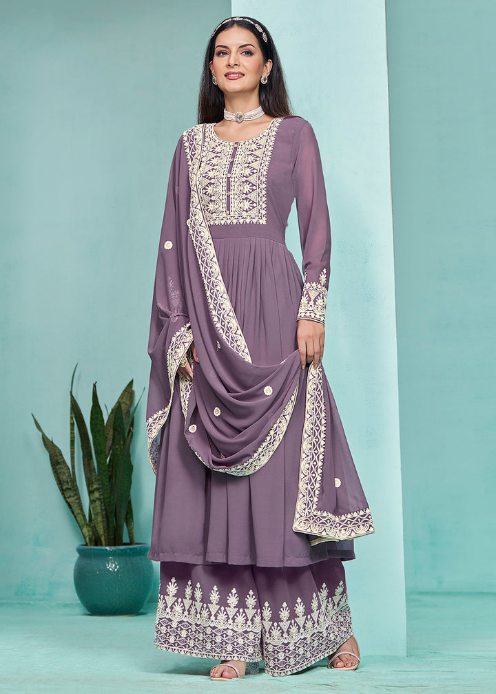 Buy Now Festive Purple Faux Georgette Palazzo Style Suit Online in USA, UK, Canada, Germany, Australia & Worldwide at Empress Clothing.