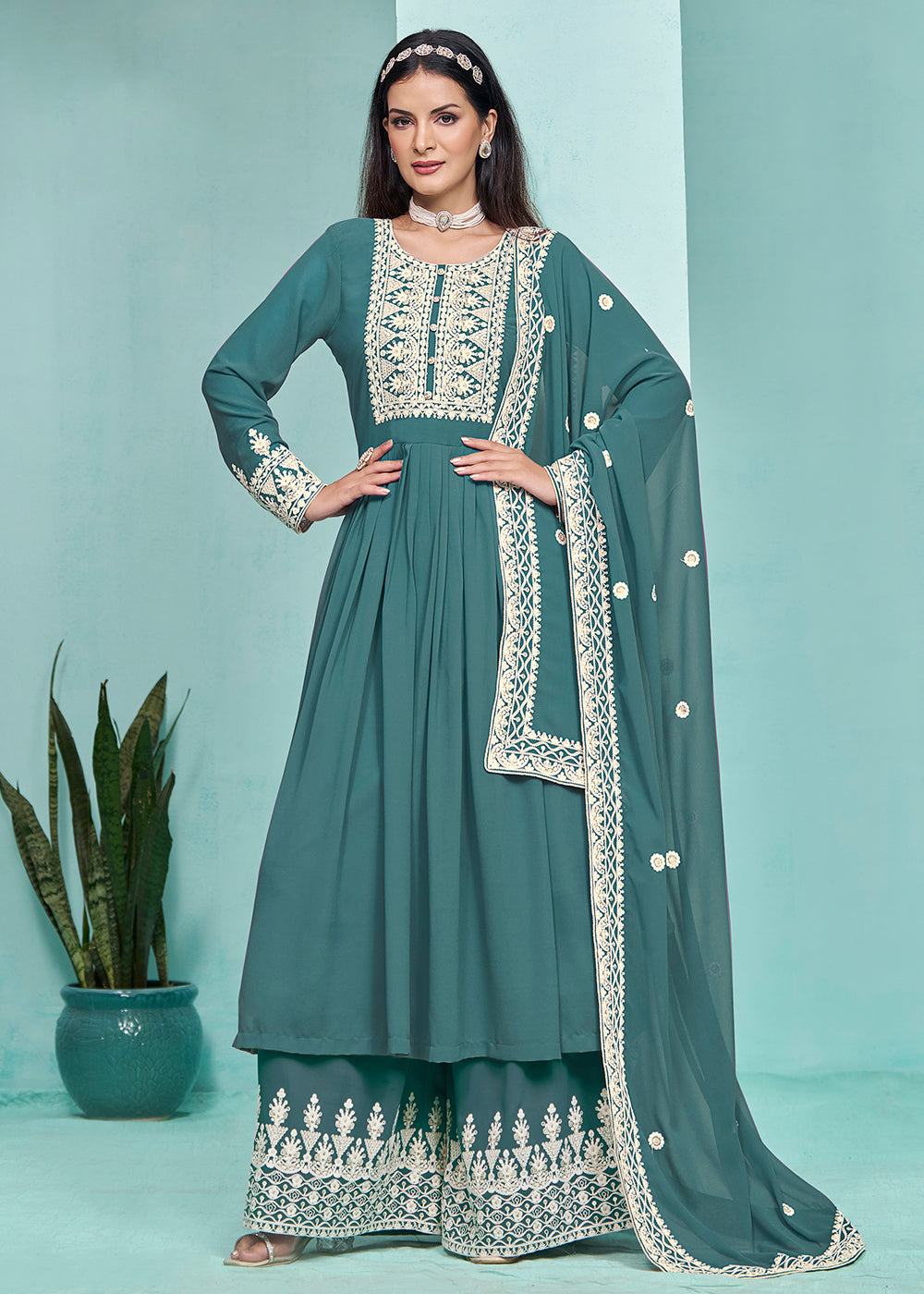 Buy Now Festive Teal Faux Georgette Palazzo Style Suit Online in USA, UK, Canada, Germany, Australia & Worldwide at Empress Clothing.