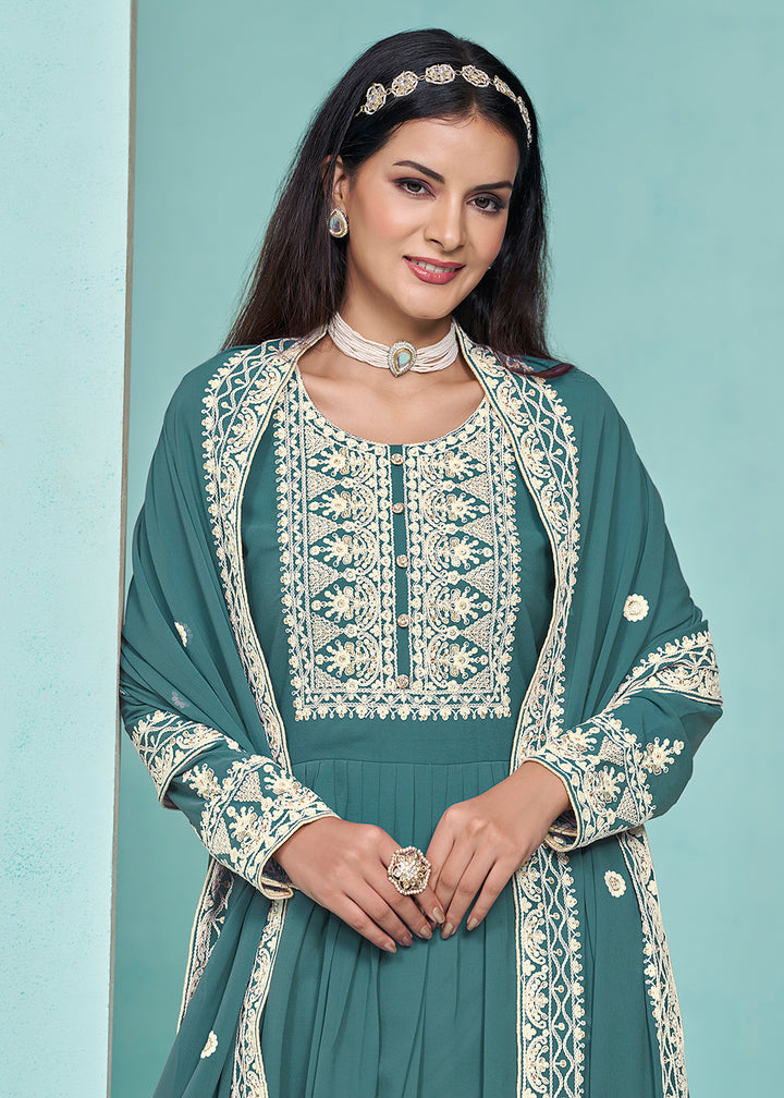 Buy Now Festive Teal Faux Georgette Palazzo Style Suit Online in USA, UK, Canada, Germany, Australia & Worldwide at Empress Clothing.