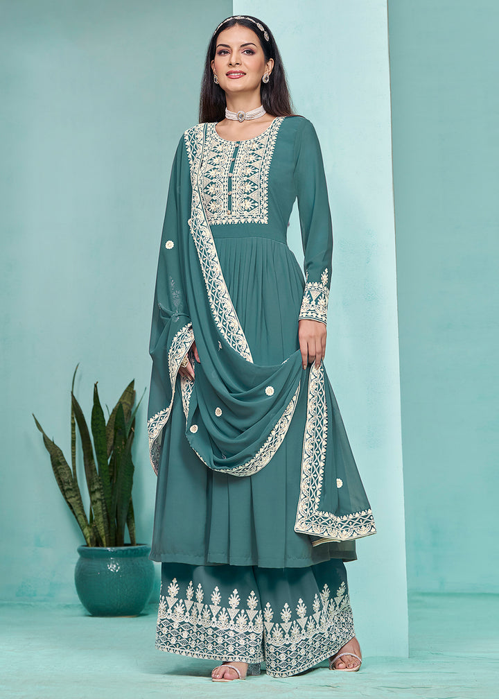 Buy Now Festive Teal Faux Georgette Palazzo Style Suit Online in USA, UK, Canada, Germany, Australia & Worldwide at Empress Clothing.