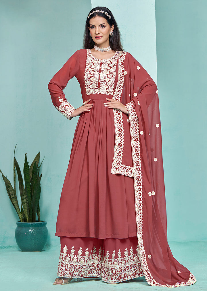 Buy Now Festive Peachy Red Faux Georgette Palazzo Style Suit Online in USA, UK, Canada, Germany, Australia & Worldwide at Empress Clothing. 