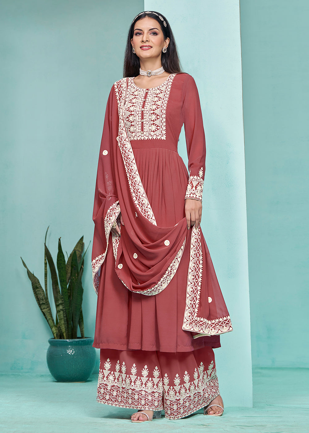 Buy Now Festive Peachy Red Faux Georgette Palazzo Style Suit Online in USA, UK, Canada, Germany, Australia & Worldwide at Empress Clothing. 