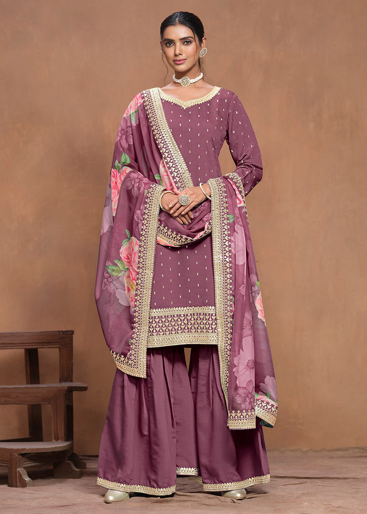 Shop Now Roman Silk Purple Embroidered Festive Gharara Suit Online at Empress Clothing in USA, UK, Canada, Germany, Australia & Worldwide. 