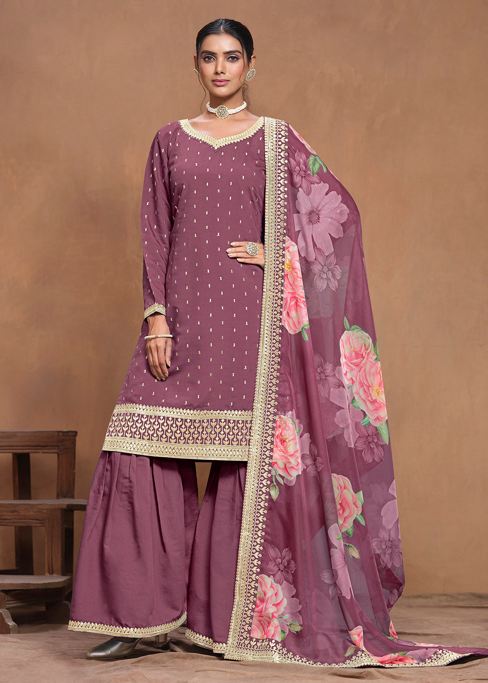 Shop Now Roman Silk Purple Embroidered Festive Gharara Suit Online at Empress Clothing in USA, UK, Canada, Germany, Australia & Worldwide. 