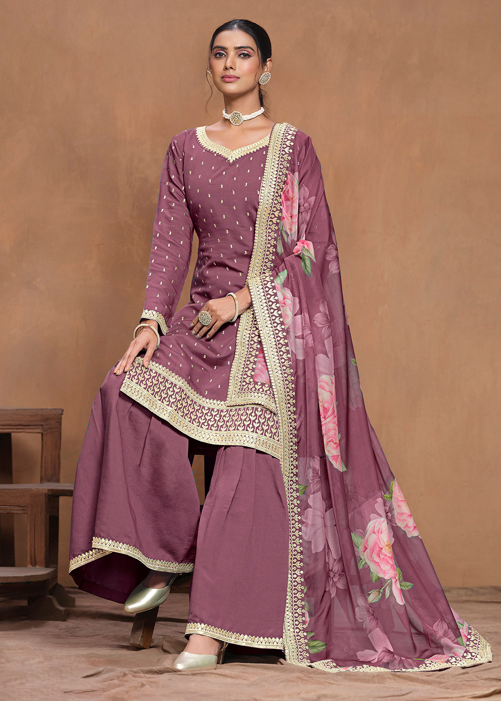 Shop Now Roman Silk Purple Embroidered Festive Gharara Suit Online at Empress Clothing in USA, UK, Canada, Germany, Australia & Worldwide. 