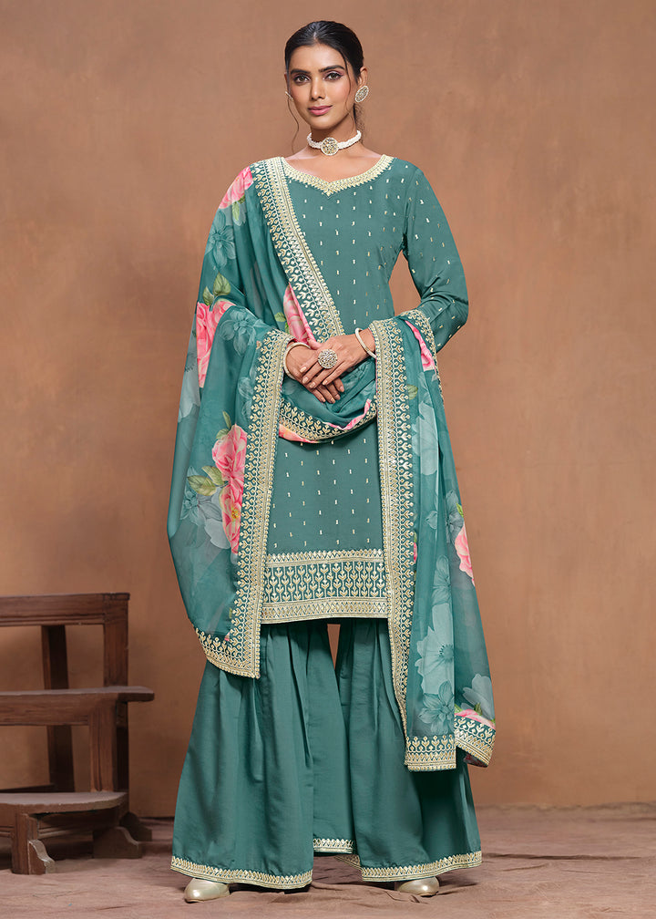 Shop Now Roman Silk Teal Embroidered Festive Gharara Suit Online at Empress Clothing in USA, UK, Canada, Germany, Australia & Worldwide.