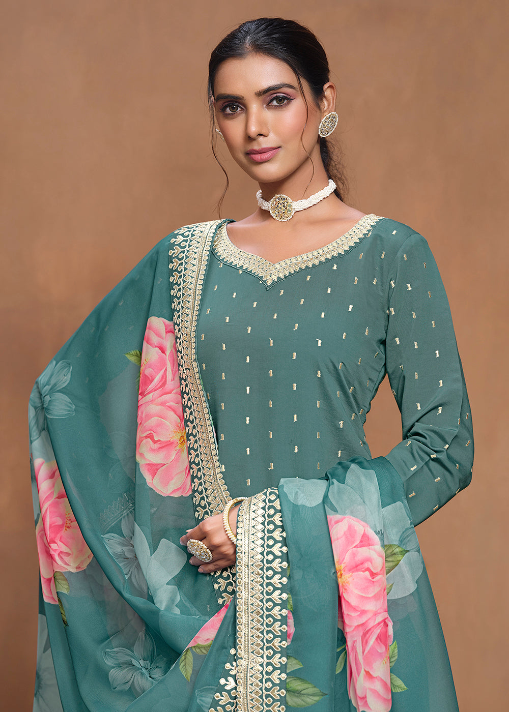 Shop Now Roman Silk Teal Embroidered Festive Gharara Suit Online at Empress Clothing in USA, UK, Canada, Germany, Australia & Worldwide.