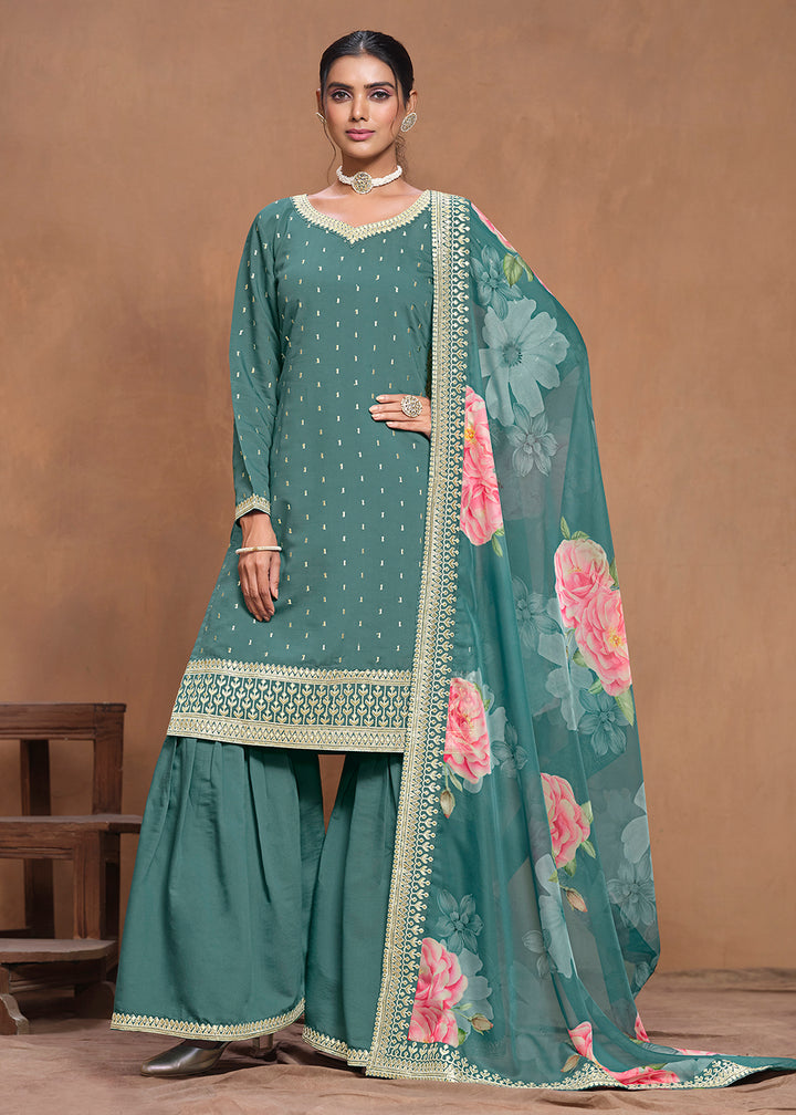 Shop Now Roman Silk Teal Embroidered Festive Gharara Suit Online at Empress Clothing in USA, UK, Canada, Germany, Australia & Worldwide.