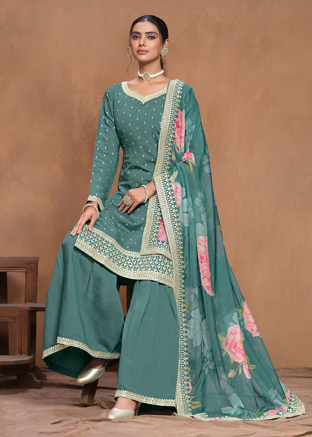 Shop Now Roman Silk Teal Embroidered Festive Gharara Suit Online at Empress Clothing in USA, UK, Canada, Germany, Australia & Worldwide.