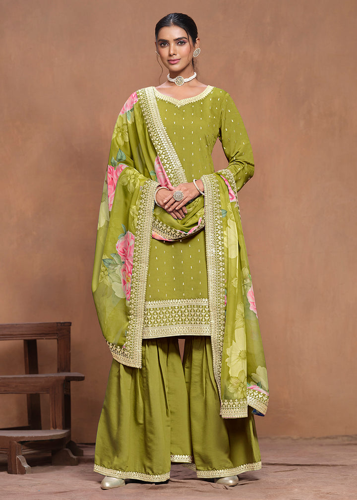 Shop Now Roman Silk Green Embroidered Festive Gharara Suit Online at Empress Clothing in USA, UK, Canada, Germany, Australia & Worldwide. 