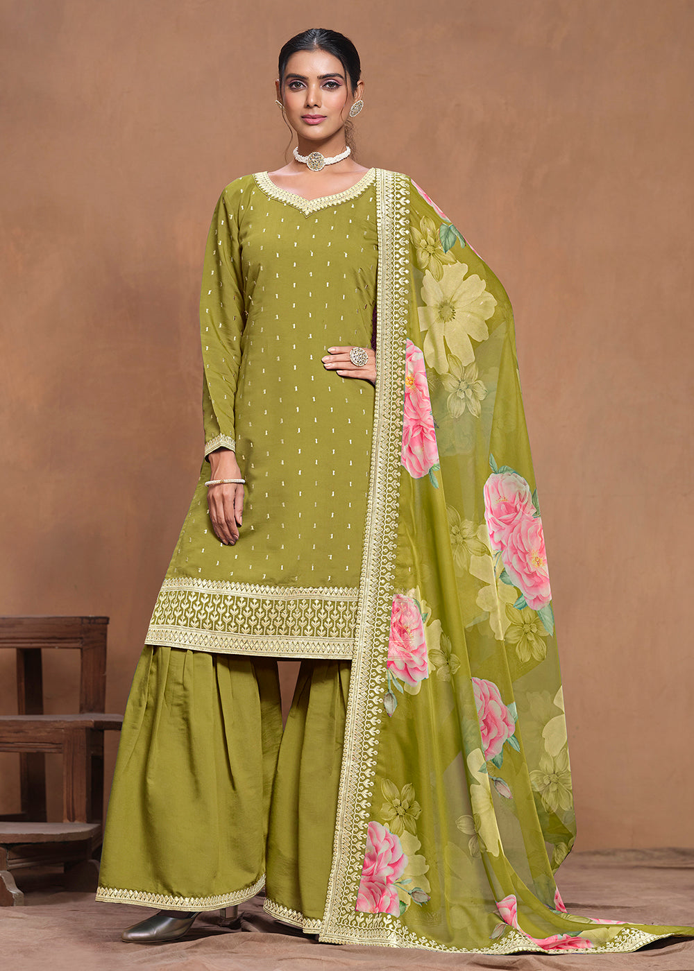 Shop Now Roman Silk Green Embroidered Festive Gharara Suit Online at Empress Clothing in USA, UK, Canada, Germany, Australia & Worldwide. 