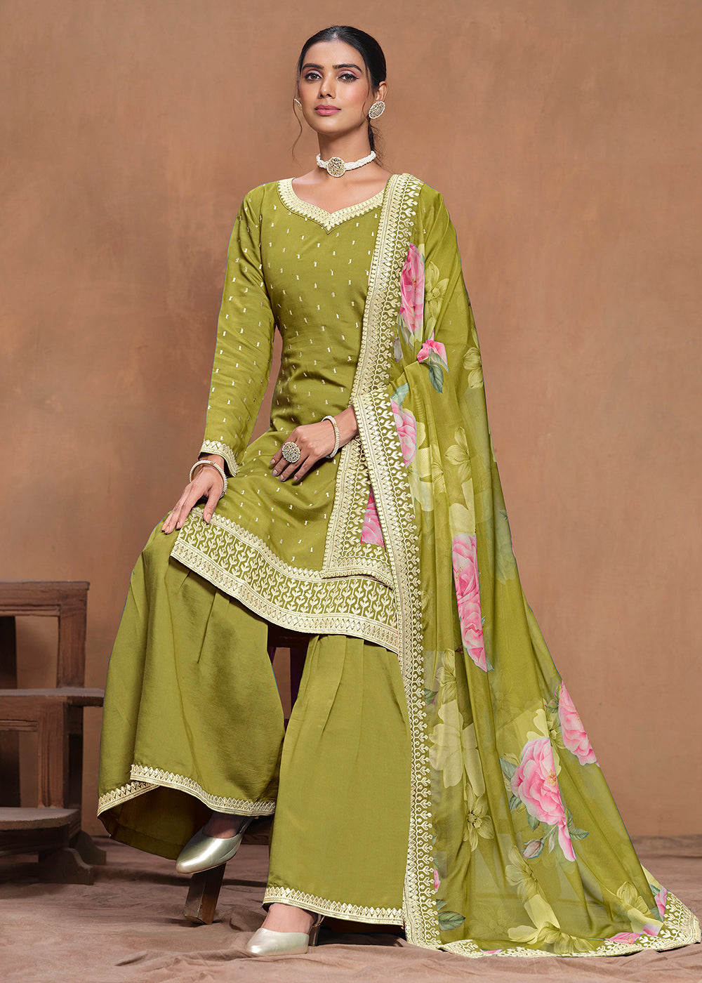 Shop Now Roman Silk Green Embroidered Festive Gharara Suit Online at Empress Clothing in USA, UK, Canada, Germany, Australia & Worldwide. 