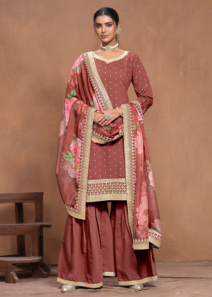 Shop Now Roman Silk Rust Embroidered Festive Gharara Suit Online at Empress Clothing in USA, UK, Canada, Germany, Australia & Worldwide.