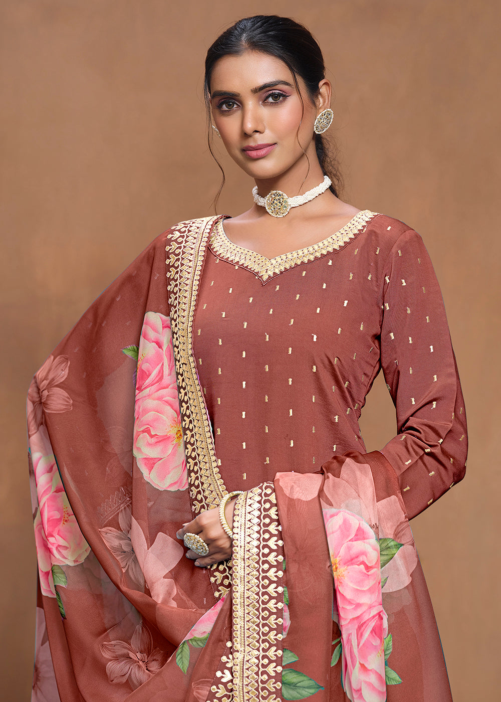 Shop Now Roman Silk Rust Embroidered Festive Gharara Suit Online at Empress Clothing in USA, UK, Canada, Germany, Australia & Worldwide.