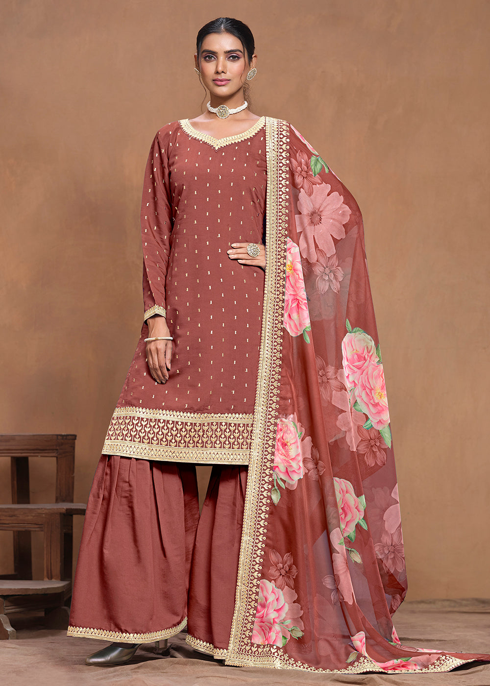 Shop Now Roman Silk Rust Embroidered Festive Gharara Suit Online at Empress Clothing in USA, UK, Canada, Germany, Australia & Worldwide.