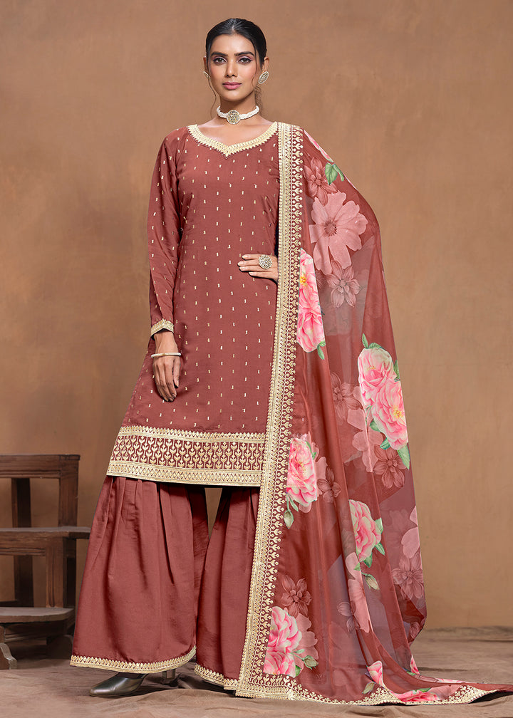 Shop Now Roman Silk Rust Embroidered Festive Gharara Suit Online at Empress Clothing in USA, UK, Canada, Germany, Australia & Worldwide.