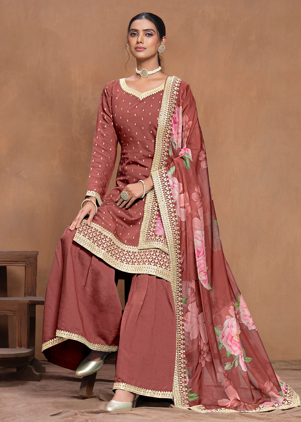 Shop Now Roman Silk Rust Embroidered Festive Gharara Suit Online at Empress Clothing in USA, UK, Canada, Germany, Australia & Worldwide.