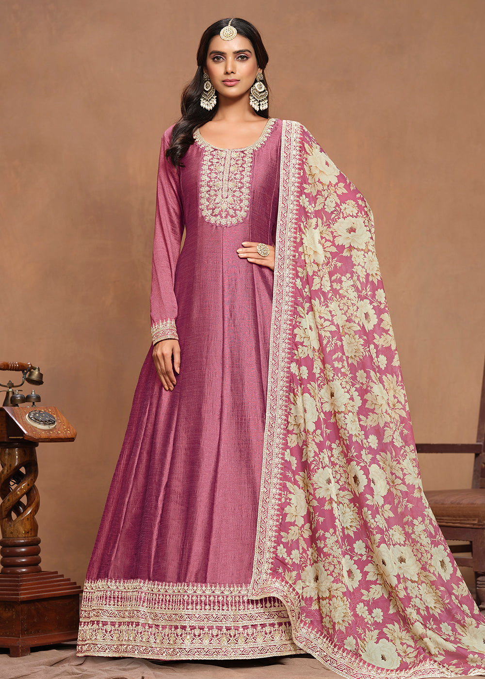 Buy Now Art Silk Pink Embroidered Wedding Anarkali Gown Online in USA, UK, Australia, Italy, Germany, Canada & Worldwide at Empress Clothing. 