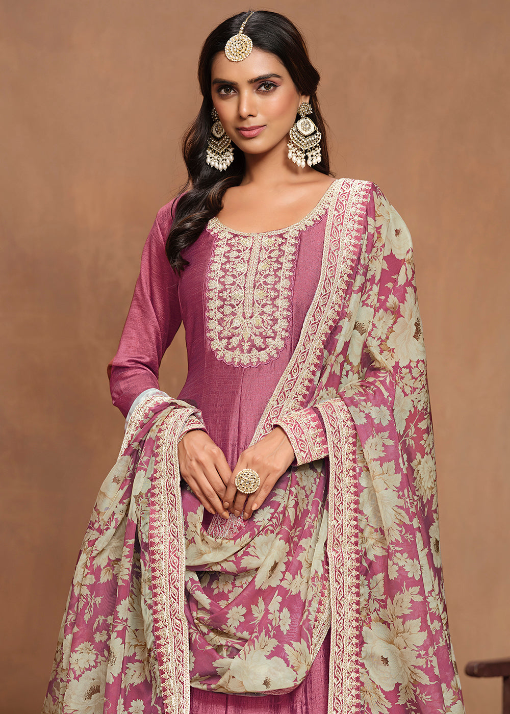 Buy Now Art Silk Pink Embroidered Wedding Anarkali Gown Online in USA, UK, Australia, Italy, Germany, Canada & Worldwide at Empress Clothing. 