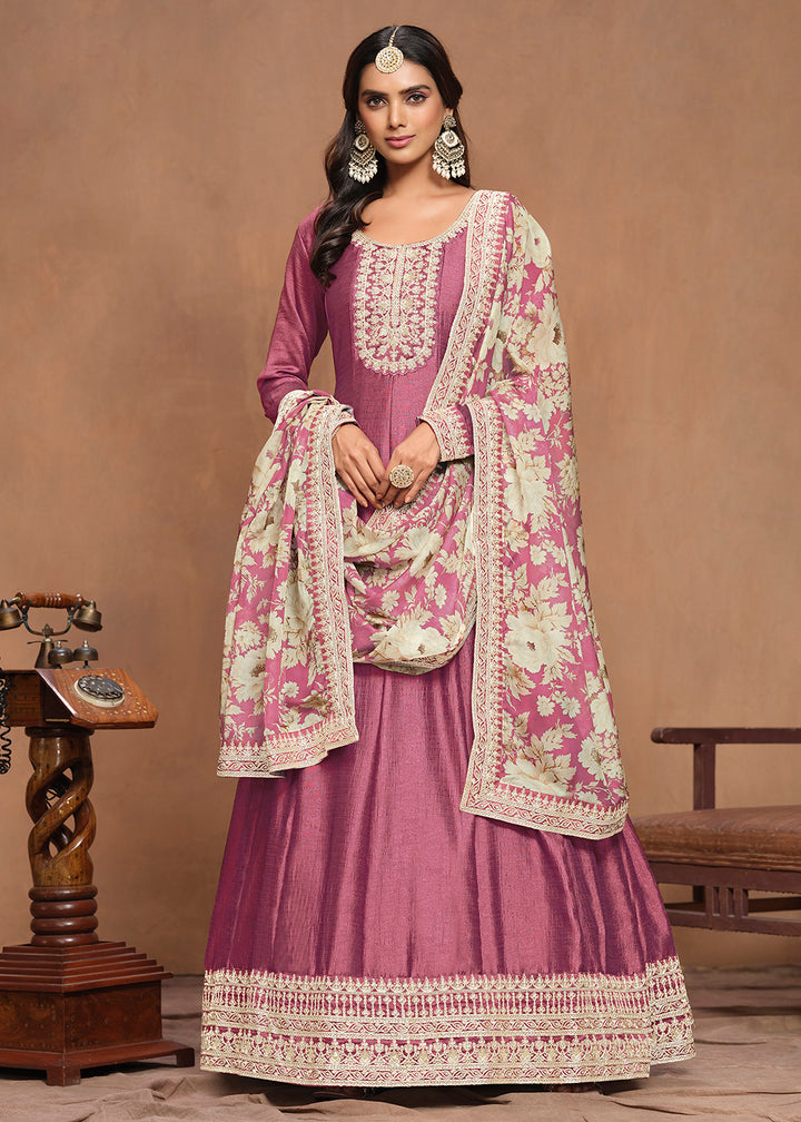 Buy Now Art Silk Pink Embroidered Wedding Anarkali Gown Online in USA, UK, Australia, Italy, Germany, Canada & Worldwide at Empress Clothing. 